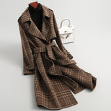 Winter Women Warm Wool Coat Plaid Belted Blends Outwear