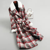 Winter Women Warm Wool Coat Plaid Belted Blends Outwear