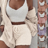 Three Piece Sexy Fluffy Sets Velvet Plush Hooded Cardigan