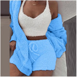 Three Piece Sexy Fluffy Sets Velvet Plush Hooded Cardigan