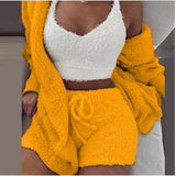 Three Piece Sexy Fluffy Sets Velvet Plush Hooded Cardigan
