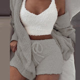 Three Piece Sexy Fluffy Sets Velvet Plush Hooded Cardigan