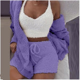 Three Piece Sexy Fluffy Sets Velvet Plush Hooded Cardigan