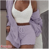 Three Piece Sexy Fluffy Sets Velvet Plush Hooded Cardigan