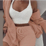 Three Piece Sexy Fluffy Sets Velvet Plush Hooded Cardigan