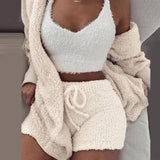 Three Piece Sexy Fluffy Sets Velvet Plush Hooded Cardigan