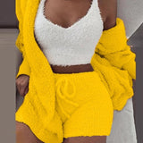 Three Piece Sexy Fluffy Sets Velvet Plush Hooded Cardigan