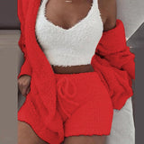 Three Piece Sexy Fluffy Sets Velvet Plush Hooded Cardigan