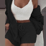 Three Piece Sexy Fluffy Sets Velvet Plush Hooded Cardigan