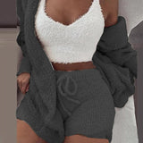 Three Piece Sexy Fluffy Sets Velvet Plush Hooded Cardigan