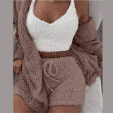 Three Piece Sexy Fluffy Sets Velvet Plush Hooded Cardigan