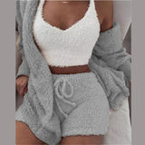 Three Piece Sexy Fluffy Sets Velvet Plush Hooded Cardigan