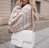 Geometric Khaki Knitted Sweater Casual Houndstooth Pullover