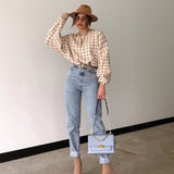 Geometric Khaki Knitted Sweater Casual Houndstooth Pullover
