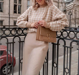 Geometric Khaki Knitted Sweater Casual Houndstooth Pullover