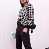 Geometric Khaki Knitted Sweater Casual Houndstooth Pullover