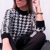 Geometric Khaki Knitted Sweater Casual Houndstooth Pullover