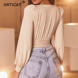 Articat Black Deep V Neck Bodysuit Sexy Puff Sleeve Bodycon