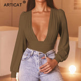 Articat Black Deep V Neck Bodysuit Sexy Puff Sleeve Bodycon
