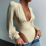 Articat Black Deep V Neck Bodysuit Sexy Puff Sleeve Bodycon