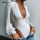 Articat Black Deep V Neck Bodysuit Sexy Puff Sleeve Bodycon