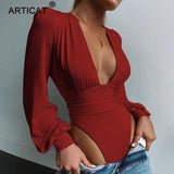 Articat Black Deep V Neck Bodysuit Sexy Puff Sleeve Bodycon