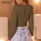 Articat Black Deep V Neck Bodysuit Sexy Puff Sleeve Bodycon