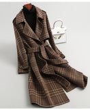 Winter Women Warm Wool Coat Plaid Belted Blends Outwear