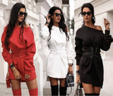 Sexy Women Mini Dress O Neck High Waist Long Sleeve