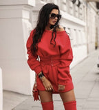 Sexy Women Mini Dress O Neck High Waist Long Sleeve