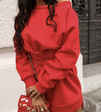 Sexy Women Mini Dress O Neck High Waist Long Sleeve