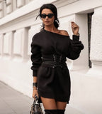 Sexy Women Mini Dress O Neck High Waist Long Sleeve