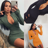 Bodycon Ribbed Dress Stand Collar Zipper Deep V-neck