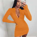 Bodycon Ribbed Dress Stand Collar Zipper Deep V-neck