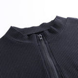 Bodycon Ribbed Dress Stand Collar Zipper Deep V-neck