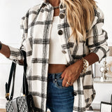 Long Plaid Shirt Casual White Long Sleeve Pocket Button Up
