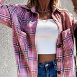 Long Plaid Shirt Casual White Long Sleeve Pocket Button Up