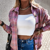 Long Plaid Shirt Casual White Long Sleeve Pocket Button Up