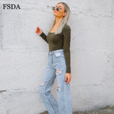 FSDA Long Sleeve Knitted Skinny Bodysuit Solid Square Collar