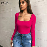 FSDA Long Sleeve Knitted Skinny Bodysuit Solid Square Collar