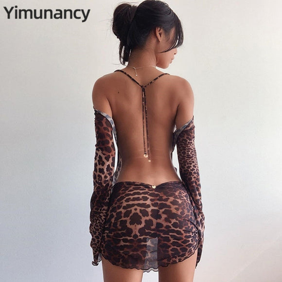 Yimunancy Leopard Print Backless Long Sleeve Mesh Dress