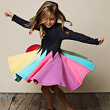 Winter Rainbow Long Sleeve Cotton Color Block Party Dress