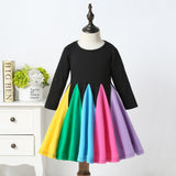 Winter Rainbow Long Sleeve Cotton Color Block Party Dress