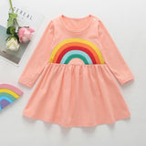 Winter Rainbow Long Sleeve Cotton Color Block Party Dress