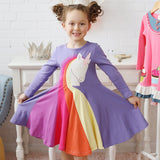 Winter Rainbow Long Sleeve Cotton Color Block Party Dress