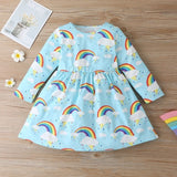 Winter Rainbow Long Sleeve Cotton Color Block Party Dress