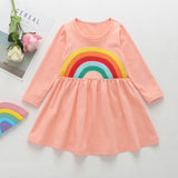 Winter Rainbow Long Sleeve Cotton Color Block Party Dress