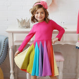 Winter Rainbow Long Sleeve Cotton Color Block Party Dress
