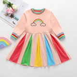 Winter Rainbow Long Sleeve Cotton Color Block Party Dress