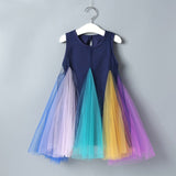 Winter Rainbow Long Sleeve Cotton Color Block Party Dress